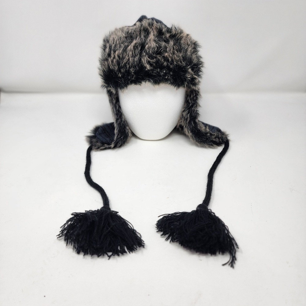 HYP Trapper Hat OSFA Winter Earflap Cap Cotton Knit Faux Fur Black Blue 2009 Y2K
